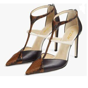 YDN Snakeskin T-Strap Pointed Toe Stiletto Heel Ankle Strap Back Zipper Pumps